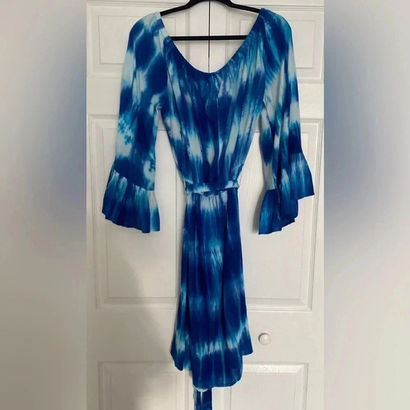 Feathers Women’s Blue Tie Dye Off Shoulder Tie Beachy Midi Dress Bell Sleeves 2X - Picture 2 of 9
